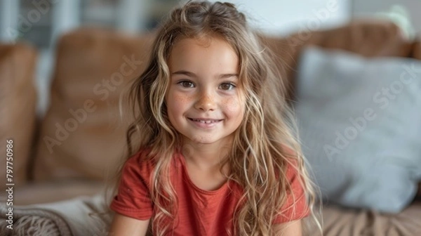 Fototapeta llittle girl smiling in  red T-shirt