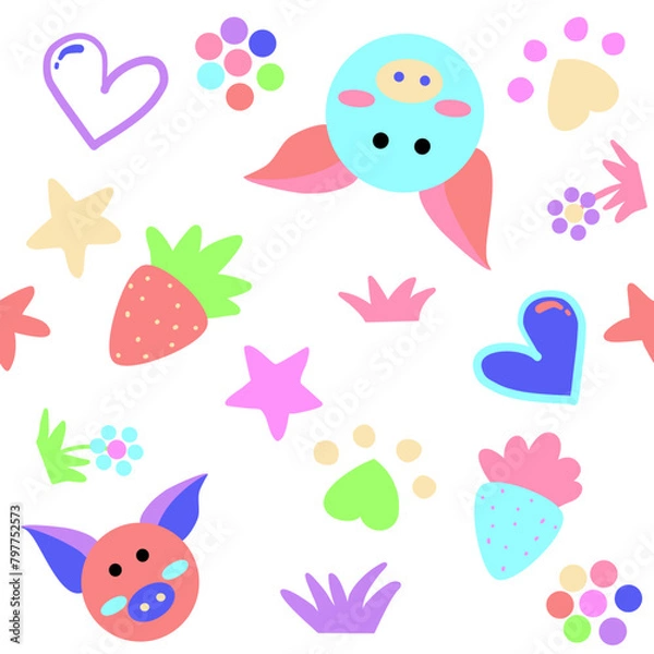 Fototapeta Seamless pictures, cute cartoons, pigs, stars, flowers, hearts, can be used in many ways.