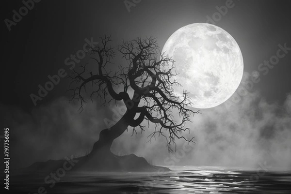 Fototapeta A dark and moody landscape with a large tree in the foreground and a full moon in the background