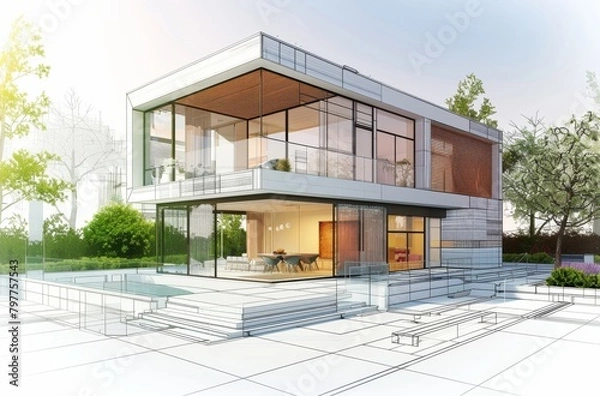 Fototapeta 3D illustration sketch of modern house architecture design concept showcasing innovative and contemporary residential construction