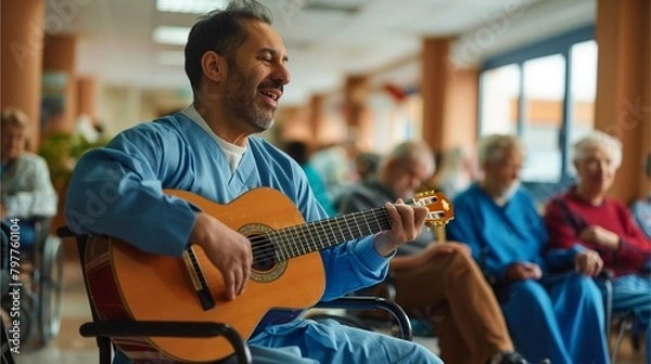 Fototapeta A male nurse or docter was sitting in the middle of the room playing a guitar. Several elderly patients sat around and listened, relaxed and happy.
