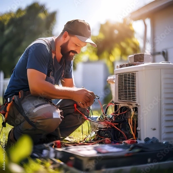 Fototapeta Ac technician repairing ac with kits wearing, Ai Generated