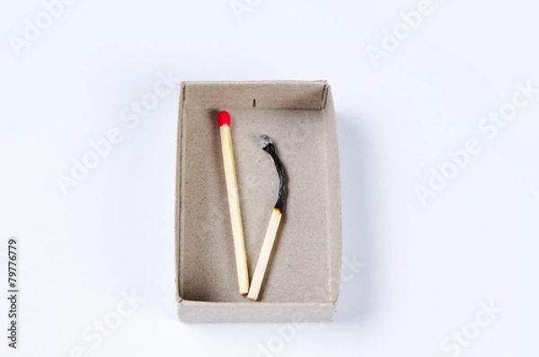 Fototapeta Matchbox and two last matches isolated on white background