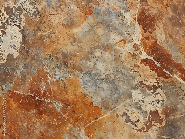 Fototapeta Rusty and beige tones in pattern of quartz stone used in design of stylish home interior. Decorative pattern of geological formation tangling in sophisticated motif on expensive tile
