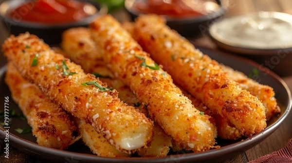 Fototapeta A plate of Mozzarella Sticks, the sticks are golden-brown, crispy on the outside, with, generated with AI