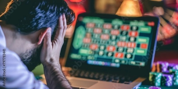 Fototapeta Close-up of a man holding his head in despair, with a laptop displaying online roulette, highlighting the emotional toll of gambling losses.