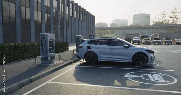 Fototapeta Generic electric car charging at station dock point in parking lot near shopping or office building. City street power hub providing eco-friendly sustainable supply for EV vehicle