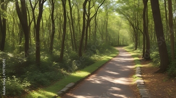 Fototapeta Tranquil Morning Sunlit Footpath in Deciduous Forest - Nature Walk, Outdoor Recreation, Health and Wellness, Environmental Conservation	