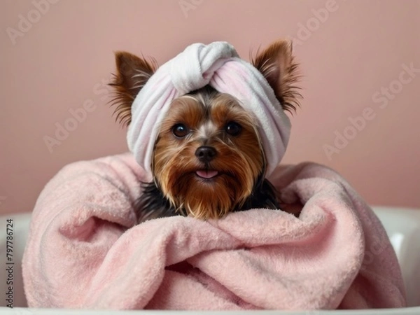 Fototapeta Yorkshire Terrier, looking into the camera with a white towel turban on its head, lies on a pink towel against a pink background