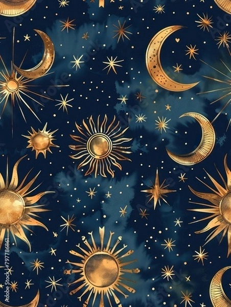 Fototapeta Seamless Navy Blue Background with Hand-drawn Gold Stars, Moons, and Suns Illustration