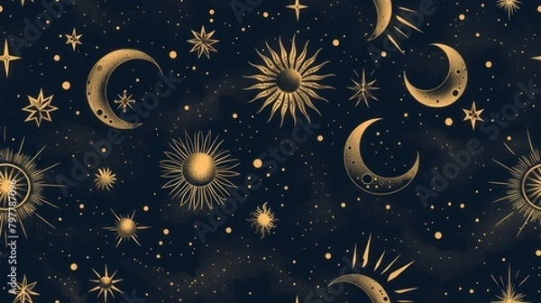 Fototapeta Seamless Navy Blue Background with Hand-drawn Gold Stars, Moons, and Suns Illustration