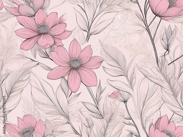 Fototapeta Seamless Pattern botany pink flower beautiful leaf. 