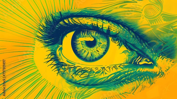Fototapeta Digital illustration of the human eye with a backdrop of an abstract. spiral pattern and a gradient yellow background