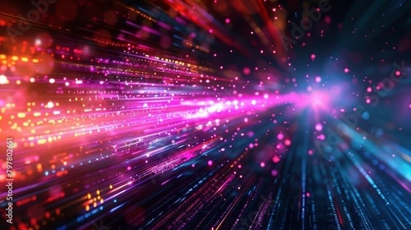 Fototapeta Speed of technology conceptualized with fast-moving digital lights. Abstract Technology Background