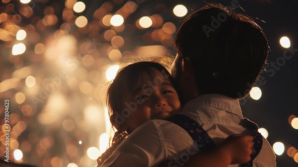 Fototapeta 打上げ花火と親子