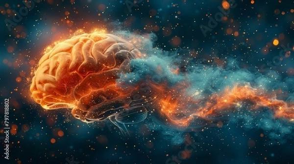 Obraz An illustration of a brain with smoke coming out of it. The brain is orange and the smoke is blue. The background is dark blue with white dots.
