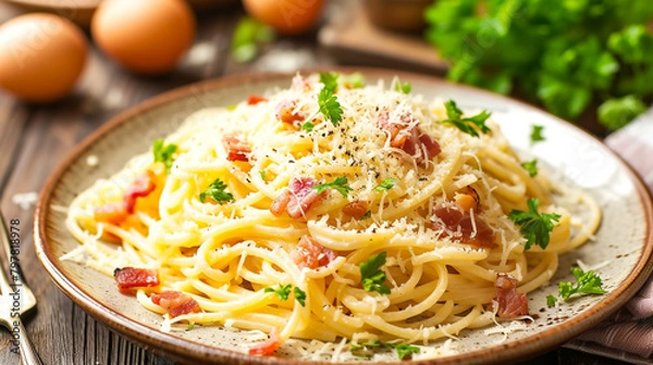 Fototapeta A plate of spaghetti carbonara with bacon, eggs, cheese, and black pepper, topped with grated cheese and parsley.