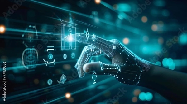 Fototapeta Futuristic Robotic Hand and Digital Interfaces
