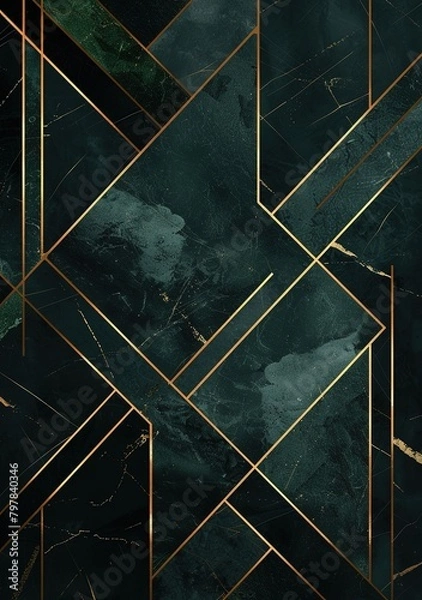 Fototapeta Intricate Modern Abstract Design with Emerald Green and Gold Geometric Shapes	