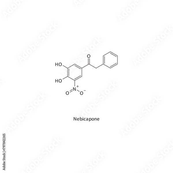 Obraz Nebicapone flat skeletal molecular structure COMT inhibitor drug used in Parkinson's disease treatment. Vector illustration scientific diagram.