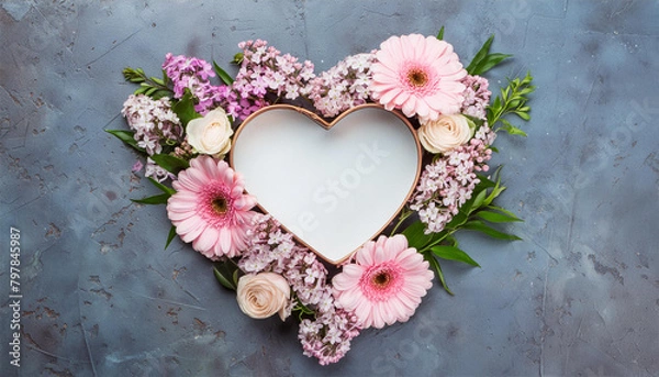 Fototapeta Pink flowers in the shape of a heart background. Flat lay, top view.