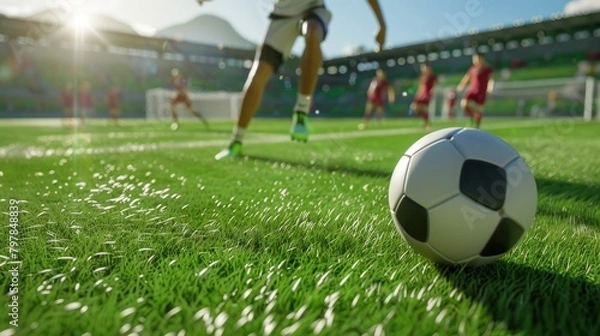 Obraz Soccer player about to kick the ball on a lush field, dynamic action shot capturing the energy of the game - AI generated