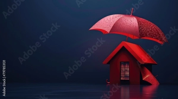 Fototapeta Miniature house protected by a red umbrella in the rain, a creative concept of home insurance and security - AI generated