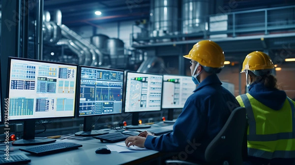 Fototapeta Workers operating control panels and monitoring screens in a high-tech control room, showcasing the technological aspect of modern manufacturing.