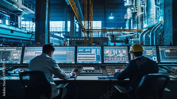 Fototapeta Workers operating control panels and monitoring screens in a high-tech control room, showcasing the technological aspect of modern manufacturing.
