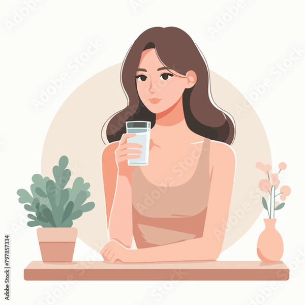 Obraz Vector a woman sits on a counter with a glass of water