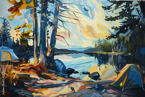 Obraz Produce a captivating oil painting of a serene wilderness camping scene, focusing on side views Incorporate abstract elements to enhance the feeling of being surrounded by nature Include unexpected ca