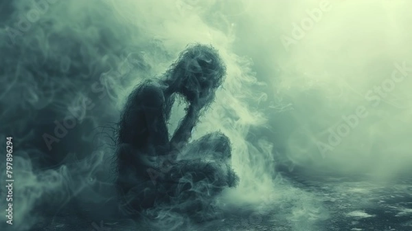 Obraz Surreal Illustration of a Person Surrounded by Smoke, Expressing Mental Health Struggles, Deep Sadness, Anxiety, and Emotional Overwhelm