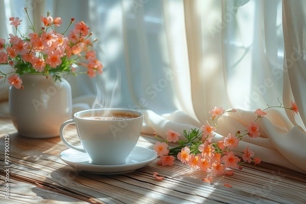 Obraz cup of tea and flowers