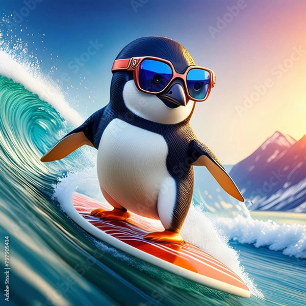 Obraz 파도 타는 서퍼 펭귄