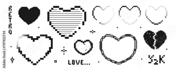 Obraz Hearts in pixel and y2k style. Set of retro trendy elements in monochrome colors. Broken heart. Vector illustration