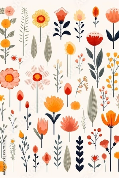 Fototapeta Decorative floral collection, simple childfriendly lines, stylized flat graphics, white backdrop, vector illustration ,  vector