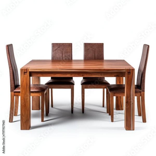 Fototapeta A set of four chairs and a wooden table made of natural materials The furniture is isolated on a white background