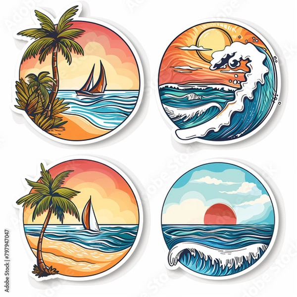 Obraz 4 stickers of an ocean beach relax and travel theme on the white background