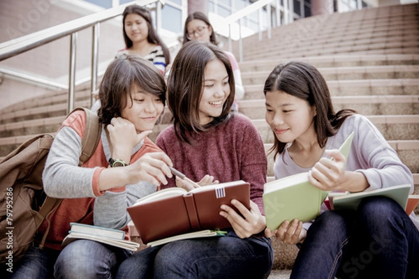 Fototapeta group of happy teen high school students outdoors