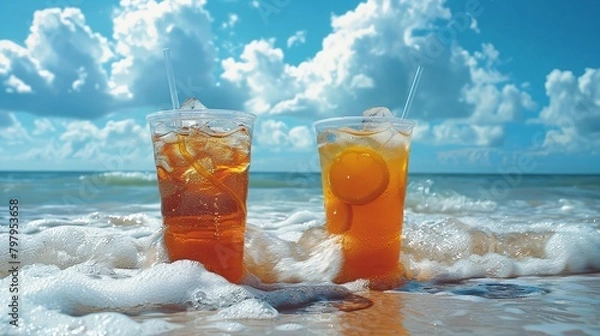 Obraz two glasses of orange juice on a beach with foamy water and a cloudy sky in the background