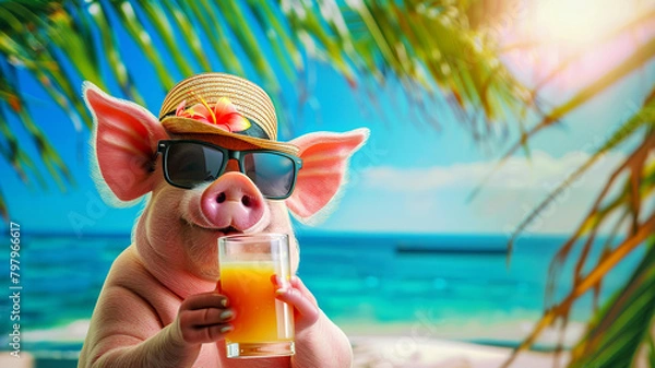 Fototapeta A pig in a straw hat and sunglasses on the ocean shore with a cocktail on a sunny summer day.