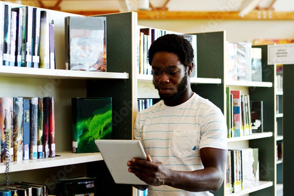 Fototapeta Librarian checking inventory on tablet