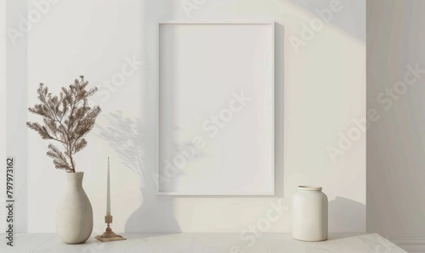 Fototapeta A blank image frame mockup on a white wall in a minimalistic modern interior room