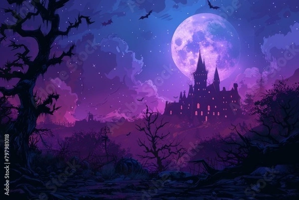 Obraz b'Illustration of a haunted castle with a full moon'