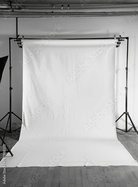 Fototapeta b'A photo studio with a large white backdrop and lighting equipment'