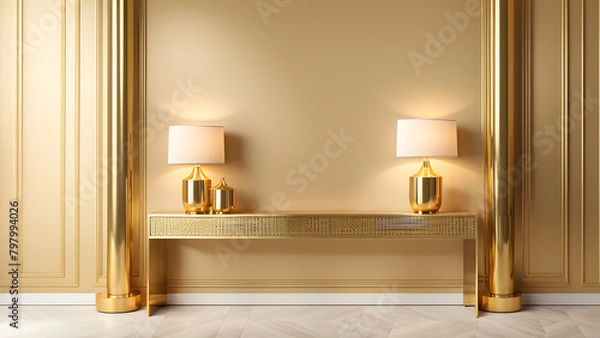 Fototapeta A gold room with two lamps on a table