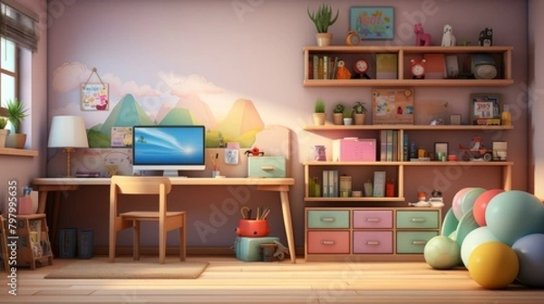 Fototapeta b'A cozy and colorful home study room for kids'
