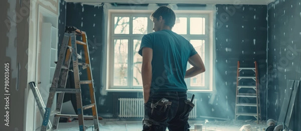 Fototapeta Rear view of professional interior renovation worker in home apartment background. Banner for company  renovation of new buildings and secondary housing.