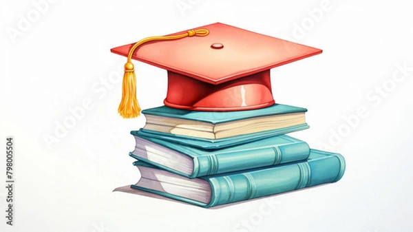 Fototapeta Clipart of a symbolic representation of graduation, featuring a stack of colorful books and a graduation cap with a tassel, delightful watercolor shades, focusing on the theme of education