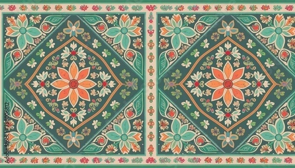 Fototapeta Rectangular seamless Bandana Print vector design for rug, carpet, tapis, shawl, towel, textile, yoga mat. Neck scarf or kerchief pattern design. Traditional ornamental ethnic pattern with paisley